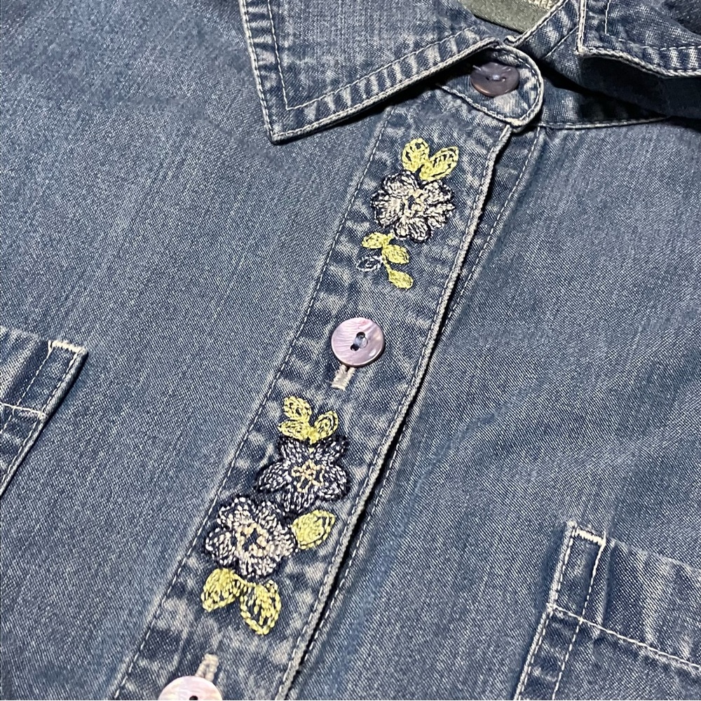 Koret Chambray Button Down Embroidered Floral Top - image 3